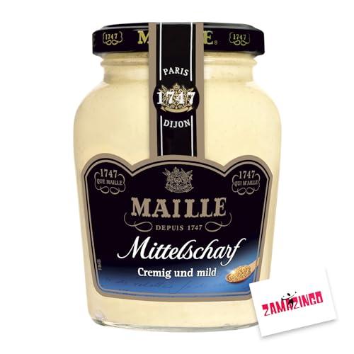 Maille Senf MIttelscharf im Glas 205g (1er Pack) | Feinster Senf aus ganzen Senfkörnern, delikat mit MIttelscharfer Senf | Gourmets und Feinschmecker + Zama4Zingo Karte von Zama4Zingo