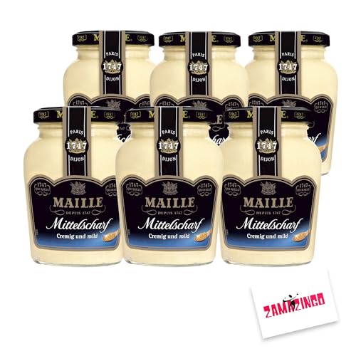 Maille Senf Mittelscharf im Glas 205g (6er Pack) | Feinster Senf aus ganzen Senfkörnern, delikat mit Mittelscharfer Senf | Gourmets und Feinschmecker + Zama4Zingo Karte ( von Zama4Zingo