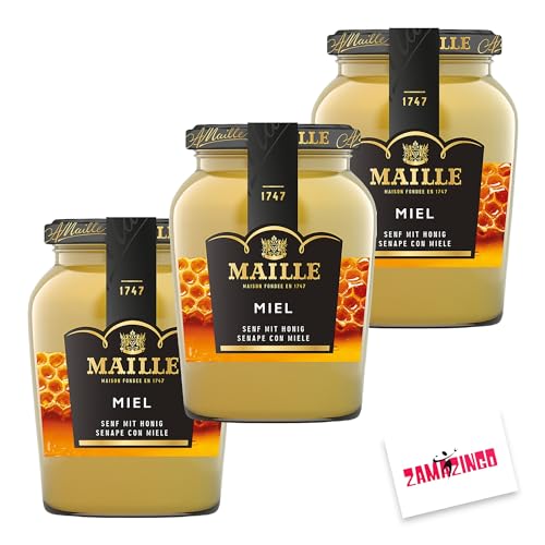 Maille Senf mit Honig im Glas 230g (3er Pack) | Feinster Senf aus ganzen Senfkörnern, delikat mit köstlichem Honig | Gourmets und Feinschmecker + Zama4Zingo Karte von Zama4Zingo