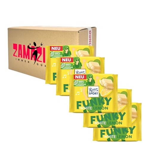 Ritter Sport Funky White Lemon Tafel 100g | Gefüllte weiße Schokolade mit einer aufgeschlagenen Zitronencreme Limited Edition | Rainforest Alliance Zertifiziert (5er Pack, White Lemon) von Zama4Zingo