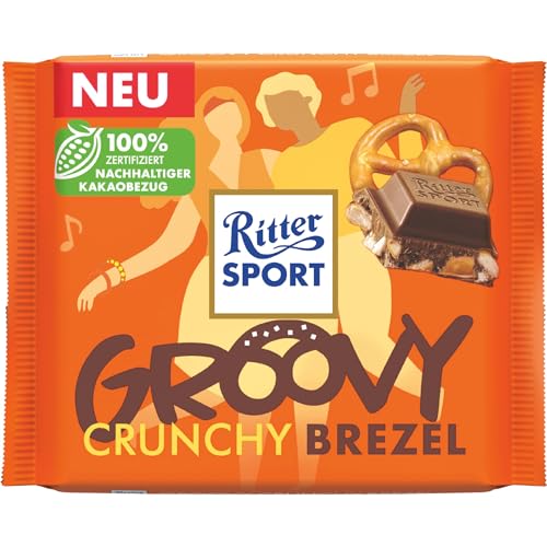 Ritter Sport Groovy Crunchy Brezel Tafel 100g | Vollmilchschokolade mit Brezel-Stückchen und Cornflakes Limited Edition | Rainforest Alliance Zertifiziert (1er Pack, Crunchy Brezel) von Zama4Zingo