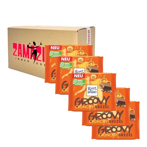 Ritter Sport Groovy Crunchy Brezel Tafel 100g | Vollmilchschokolade mit Brezel-Stückchen und Cornflakes Limited Edition | Rainforest Alliance Zertifiziert (5er Pack, Crunchy Brezel) von Zama4Zingo