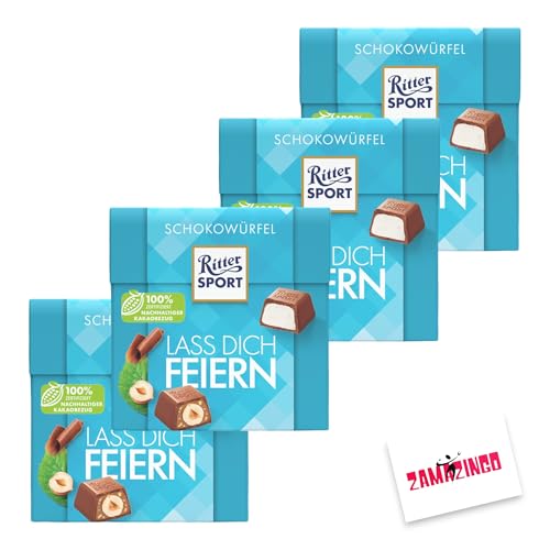 Ritter Sport Lass Dich Feiern Schokowürfel 22 stk. 176g (4er Pack) | Happy Birthday Pralinen zum schenken + Zama4Zingo Karte von Zama4Zingo