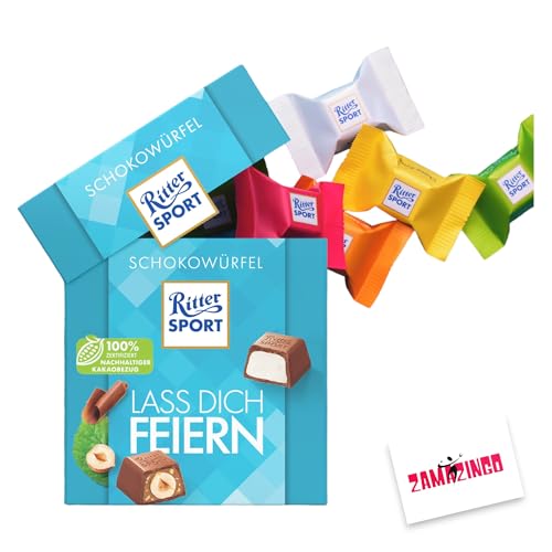 Ritter Sport Lass Dich Feiern Schokowürfel 22 stk. 176g | Happy Birthday Pralinen zum schenken + Zama4Zingo Karte (1er Pack, Lass dich Feiern) von Zama4Zingo