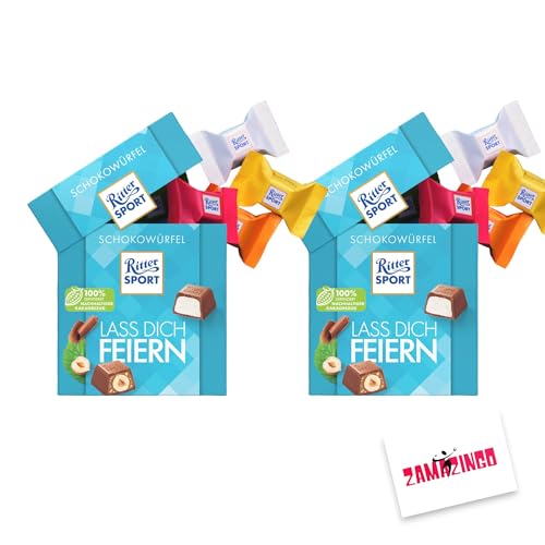 Ritter Sport Lass Dich Feiern Schokowürfel 22 stk. 176g | Happy Birthday Pralinen zum schenken + Zama4Zingo Karte (2er Pack, Lass dich Feiern) von Zama4Zingo