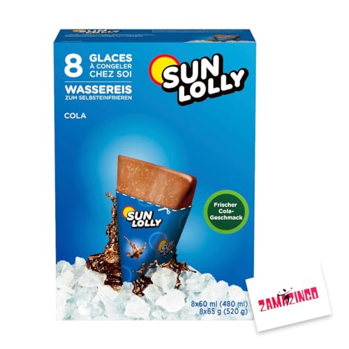 Sun Lolly Wassereis Cola mit frischer Cola-Geschmack 8 x 60ml (1er Pack, Cola) | GLUTEN-, und LAKTOSEFREI | Stangeneis für Sommer + Zama4Zingo Karte von Zama4Zingo