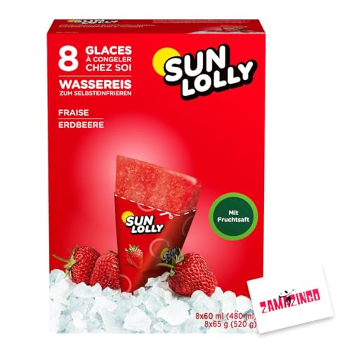 Sun Lolly Wassereis Erdbeere Stangeneis mit Fruchtsaft 8 x 60ml (1er Pack, Erdbeere) | GLUTEN-, und LAKTOSEFREI | Stangeneis für Sommer + Zama4Zingo Karte von Zama4Zingo