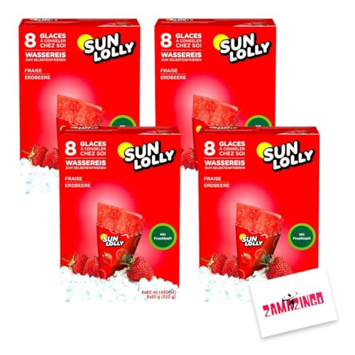 Sun Lolly Wassereis Erdbeere Stangeneis mit Fruchtsaft 8 x 60ml (4er Pack, Erdbeere) | GLUTEN-, und LAKTOSEFREI | Stangeneis für Sommer + Zama4Zingo Karte von Zama4Zingo