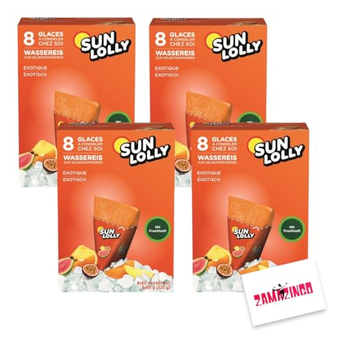 Sun Lolly Wassereis Exotisch mit Fruchtsaft 8 x 60ml (4er Pack, Exotisch) | GLUTEN-, und LAKTOSEFREI | Stangeneis für Sommer + Zama4Zingo Karte von Zama4Zingo