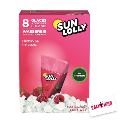 Sun Lolly Wassereis Himbeere mit Fruchtsaft 8 x 60ml 1er Pack, Himbeere) | GLUTEN-, und LAKTOSEFREI | Stangeneis für Sommer + Zama4Zingo Karte von Zama4Zingo