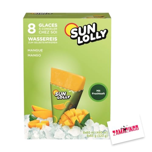 Sun Lolly Wassereis Mango mit Fruchtsaft 8 x 60ml (1er Pack, Mango) | GLUTEN-, und LAKTOSEFREI | Stangeneis für Sommer + Zama4Zingo Karte von Zama4Zingo
