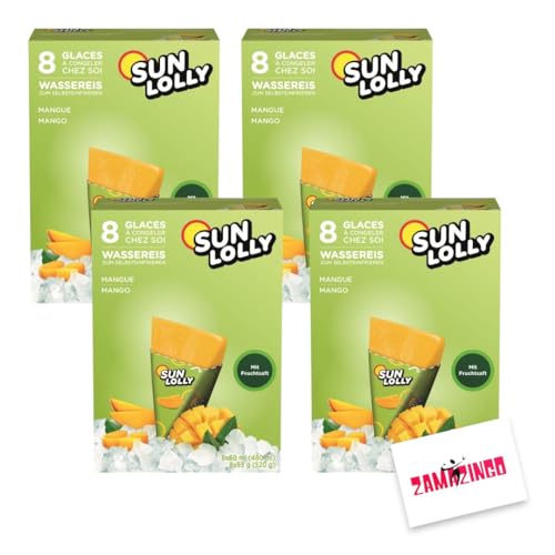 Sun Lolly Wassereis Mango mit Fruchtsaft 8 x 60ml (4er Pack, Mango) | GLUTEN-, und LAKTOSEFREI | Stangeneis für Sommer + Zama4Zingo Karte von Zama4Zingo