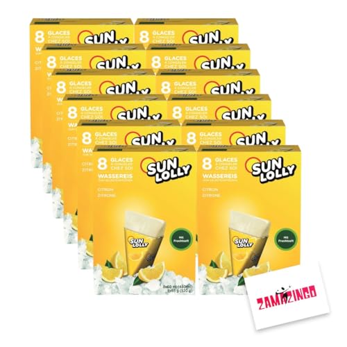 Sun Lolly Wassereis Zitrone mit Fruchtsaft 8 x 60ml (12er Pack, Zitrone) | GLUTEN-, und LAKTOSEFREI | Stangeneis für Sommer + Zama4Zingo Karte von Zama4Zingo