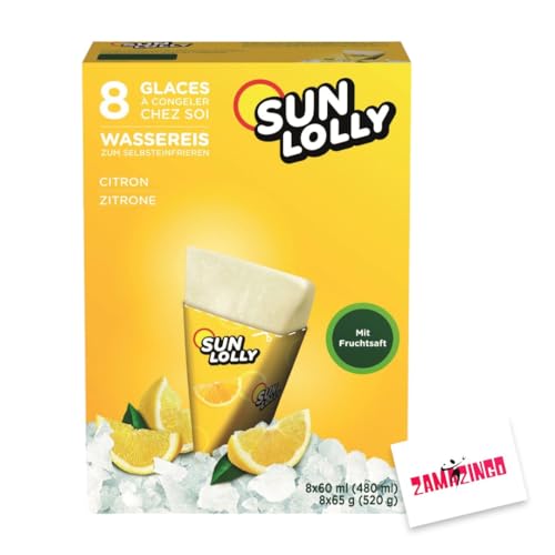 Sun Lolly Wassereis Zitrone mit Fruchtsaft 8 x 60ml (1er Pack, Zitrone) | GLUTEN-, und LAKTOSEFREI | Stangeneis für Sommer + Zama4Zingo Karte von Zama4Zingo