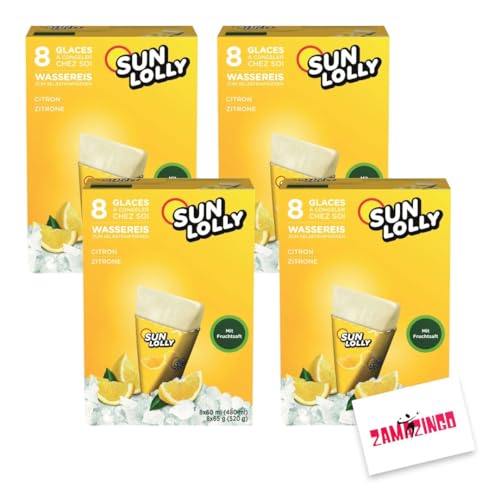 Sun Lolly Wassereis Zitrone mit Fruchtsaft 8 x 60ml (4er Pack, Zitrone) | GLUTEN-, und LAKTOSEFREI | Stangeneis für Sommer + Zama4Zingo Karte von Zama4Zingo