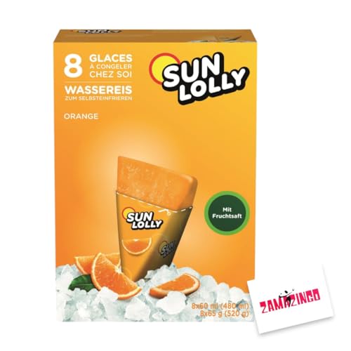 Sun Lolly Wassereis Orange mit Fruchtsaft 8 x 60ml 1er Pack, Orange) | GLUTEN-, und LAKTOSEFREI | Stangeneis für Sommer + Zama4Zingo Karte von Zama4Zingo