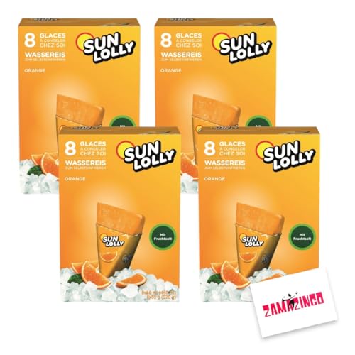 Sun Lolly Wassereis Orange mit Fruchtsaft 8 x 60ml (4er Pack, Orange) | ZUCKER-, GLUTEN-, und LAKTOSEFREI | Stangeneis für Sommer + Zama4Zingo Karte von Zama4Zingo