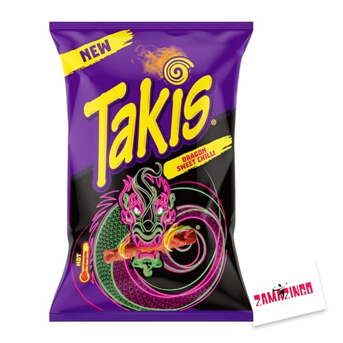 Takis Dragon Sweet Chili mit süßem Chili Geschmack 100g | Knusprige, frittierte gerollte Snacks | Pikant und würzig (18er Spar Pack, Dragon Sweet Chili) + Zama4Zingo karte von Zama4Zingo