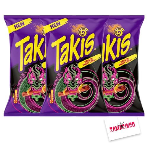 Takis Dragon Sweet Chili mit süßem Chili Geschmack 100g | Knusprige, frittierte gerollte Snacks | Pikant und würzig | (3er Pack, Dragon Sweet Chili) + Zama4Zingo Karte von Zama4Zingo