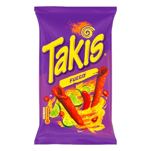 Takis Fuego Extreme Hot Maischips mit Chili- und Limettengeschmack 100g (1er Pack) | Knusprige, frittierte gerollte Snacks | Pikant und würzig von Zama4Zingo