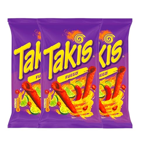 Takis Fuego Extreme Hot Maischips mit Chili- und Limettengeschmack 100g | Knusprige, frittierte gerollte Snacks | Pikant und würzig | (3er Pack, Fuego) von Zama4Zingo