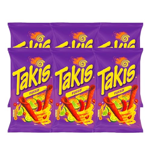 Takis Fuego Extreme Hot Maischips mit Chili- und Limettengeschmack 100g | Knusprige, frittierte gerollte Snacks | Pikant und würzig | (6er Pack, Fuego) von Zama4Zingo