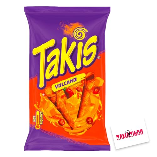 Takis Volcano Hot Maischips mit Käse- und Chiligeschmack 100g | Knusprige, frittierte gerollte Snacks | Pikant und würzig | (Volcano, 1er Pack) + Zama4Zingo Karte von Zama4Zingo