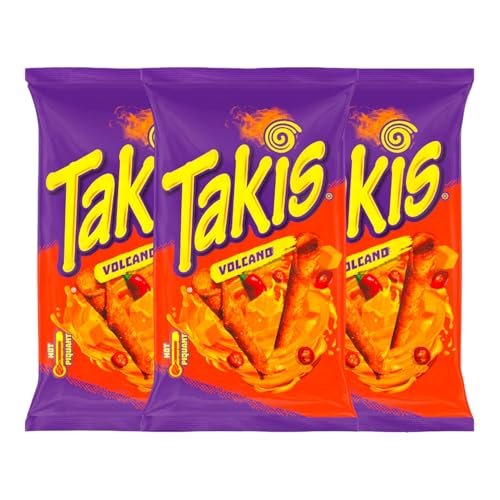 Takis Volcano Hot Maischips mit Käsegeschmack 100g (3er Pack) | Knusprige, frittierte gerollte Snacks | Pikant und würzig von Zama4Zingo