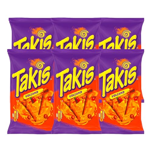 Takis Volcano Hot Maischips mit Käsegeschmack 100g (6er Pack) | Knusprige, frittierte gerollte Snacks | Pikant und würzig von Zama4Zingo