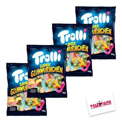 Trolli Saure Glühwürmchen 150g | Gummibonbon Tüte Ideal als Süßigkeit zu Halloween | Lakotsefrei, Glutenfrei (150g Tütchen, 4er Pack) von Zama4Zingo