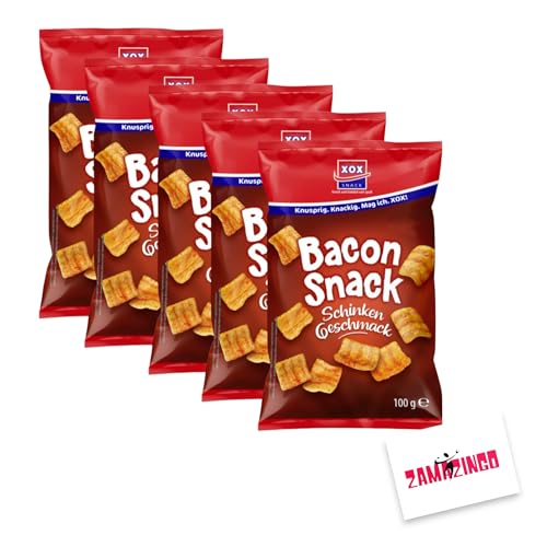XOX Bacon Snack 100g | Knuspriger Genuss, herzhaft kräftiger Schinken Geschmack inkl. Zama4Zingo Karte (5er Pack) von Zama4Zingo