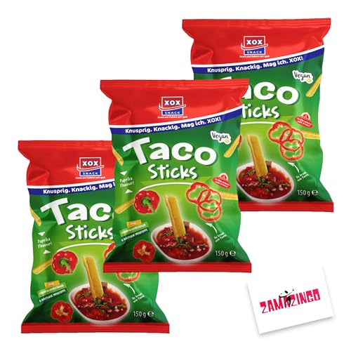 XOX Taco Sticks Chips | VEGAN | Mais-Reis Snack mit Paprikageschmack 150g | Im Ofengebacken | ohne Geschmacksverstärker & ohne künstliche Farbstoffe | So kross wie tacos! (3er Pack) von Zama4Zingo