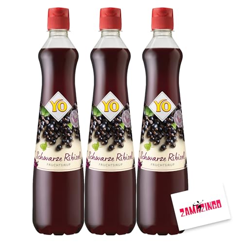 YO Fruchtsirup Schwarze Johannisbeere Ribisel (3er Pack) | Vegan | Sirup 700ml - mit intensivem Geschmack, Ideal für Cocktails und Getränke Mixen + Zama4Zingo Karte von Zama4Zingo