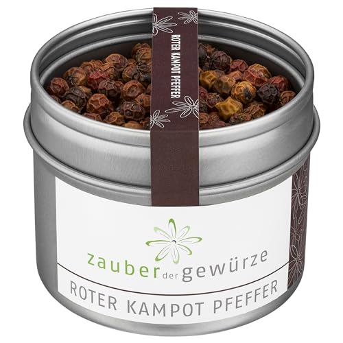 Zauber der Gewürze Echter Roter Kampot Pfeffer - rote Pfefferkörner aus Kambodscha für Wild, Geflügel und Fisch, Top-Qualität in wiederverschließbarer Aroma-Dose, 70 g von Zauber der Gewürze