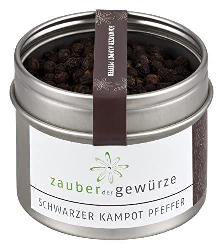 Zauber der Gewürze Schwarzer Kampot Pfeffer - ganz, handgepflückter Gourmetpfeffer aus Kambodscha für rotes Fleisch und dunkle Soße, für die Pfeffermühle, Premiumqualität, 70 g von Zauber der Gewürze