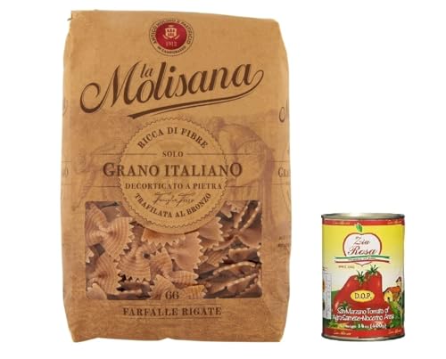 12x La Molisana Pasta Integrale Farfalle Rigate n°66 Vollkornnudeln Vollkornpasta,100% italienischer Weizen,Bronzepaste 500g Packung + Zia Rosa DOP Pomodoro San Marzano Dose von 400g von Zia Rosa