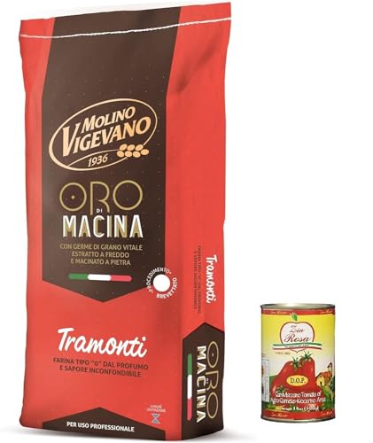 Molino Vigevano Tramonti Oro, Mehl "Typ" 0, Langer Sauerteig, ideal für herzhafte. Packung von 10 kg + Zia Rosa DOP Pomodoro San Marzano Dose von 400g von Zia Rosa