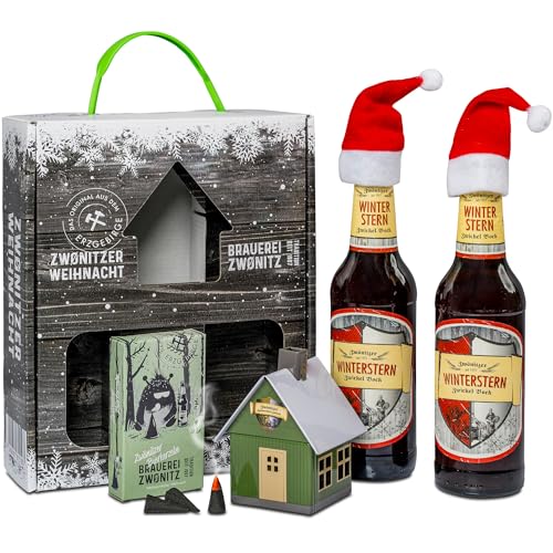 Brauerei Zwönitz Winterstern Bier Geschenkbox mit Winterstern Craft Beer 0,33L, Räucherkerzen und Räucherhäuschen Metall/Geschenkset Weihnachten/Geschenkset für Männer Weihnachten von Zwönitzer handwerklich gebraut