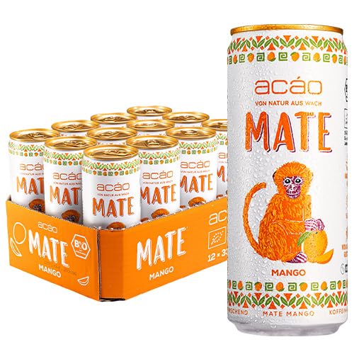 acáo Bio Mate Mango (12 × 330 ml Dose) – super fruchtig, kalorienarm – Natural Energy Drink, koffeinhaltiges Erfrischungsgetränk – Mate Tee von acáo