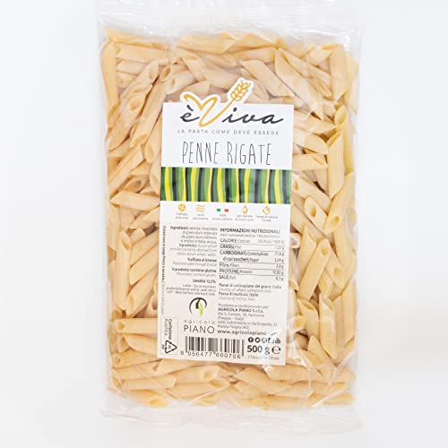 Agricola Piano - Penne Rigate | Handgemachte Bronzegezogene Pasta 500 g – Mit Weizenkeim – Langsame Trocknung - Italienischer Weizen – èViva von agricola PIANO