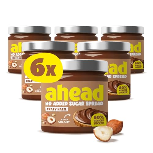 ahead CRAZY HAZEL | 6 x 200g Haselnusscreme ohne Zuckerzusatz | Super leckerer Schokoaufstrich mit 80% weniger Zucker* | Ohne Palmöl, glutenfrei & vegetarisch | Zuckerarmer Brotaufstrich Schokocreme von ahead