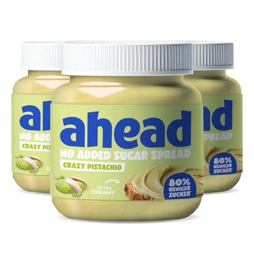 ahead CRAZY PISTACHIO | 3 x 350 g Pistaziencreme ohne Zuckerzusatz | Super leckere Pistaziencreme mit 80% weniger Zucker* | Ohne Palmöl, glutenfrei & vegetarisch | Zuckerarme Pistaziencreme von ahead