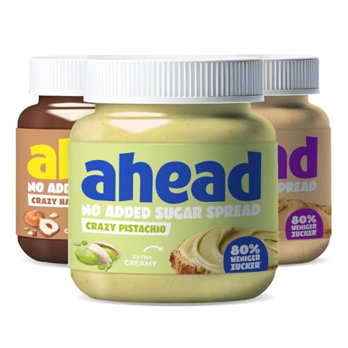 ahead Crazy Nuss Creme Mix | 3 x 350g Haselnusscreme & Pistaziencreme, ohne Zuckerzusatz | Aufstrich mit 80% weniger Zucker* | Ohne Palmöl, glutenfrei & vegetarisch | Zuckerarmer Brotaufstrich von ahead