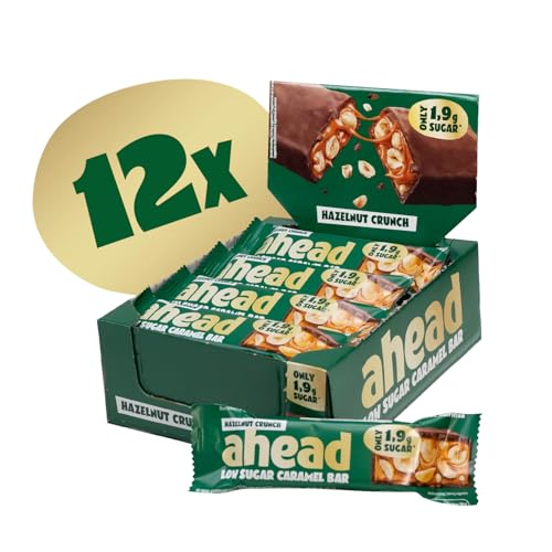 ahead Hazelnut Caramel Schokoriegel | 12x 35g Schokoriegel ohne Zuckerzusatz | 1,9 g Zucker pro Riegel | Knusprige Haselnüsse & Karamellgeschmack | Low Carb Süssigkeiten Ohne Palmöl von ahead