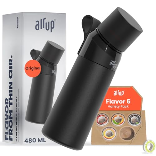 air up® Flasche Steel Starter Set Original aus Edelstahl inkl. Pods in 5 Geschmacksrichtungen, zuckerfrei I 480ml Isolierflasche mit Geschmack, hält Wasser 14 Std. kalt I Schwarz von air up