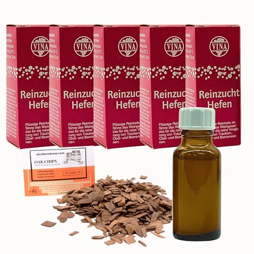 AlcoFermBrew 5 x Assmannshausen Weinhefe 19ml für 50L + Eichenholz Chips, Vina Wein Hefe, Hefe für Wein, Wein Flüssighefe von AlcoFermBrew