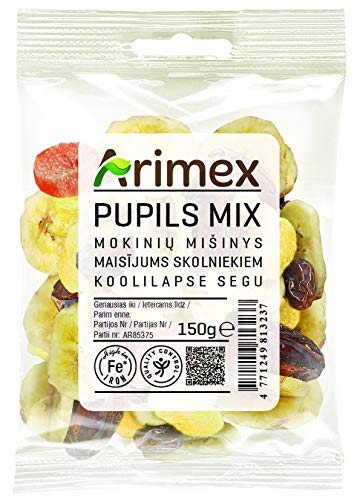 Arimex Schüler Nuss und Trockenfrüchte Mix mit Bananen-Chips, getrocknete Datteln, kandierte Ananas und Rosinen, 150 g von Arimex