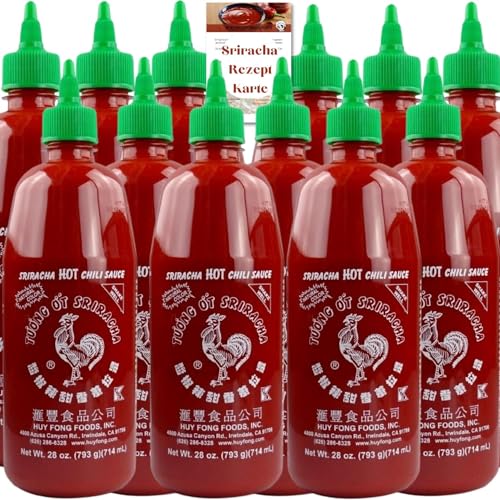 Huy Fong - 12 x Sriracha scharfe Chilisauce - Das "Original" - inkl. Asiafoodland Sriracha Sauce Rezeptkarte - als feurig leckerer Siracha Asia Saucen Dip (12 x 714ml) von asiafoodland.de
