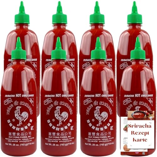 Huy Fong - 8 x Sriracha scharfe Chilisauce - Das "Original" - inkl. Asiafoodland Sriracha Sauce Rezeptkarte - als feurig leckerer Siracha Asia Saucen Dip (8 x 714ml) von asiafoodland.de