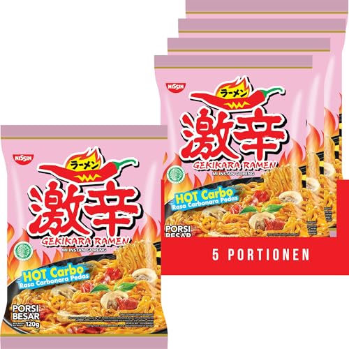 Nissin - Gekikara Ramen Nudeln - Hot Carbonara - scharfe Instant Creamy Ramen im asiafoodland Set (5er Pack) von asiafoodland.de